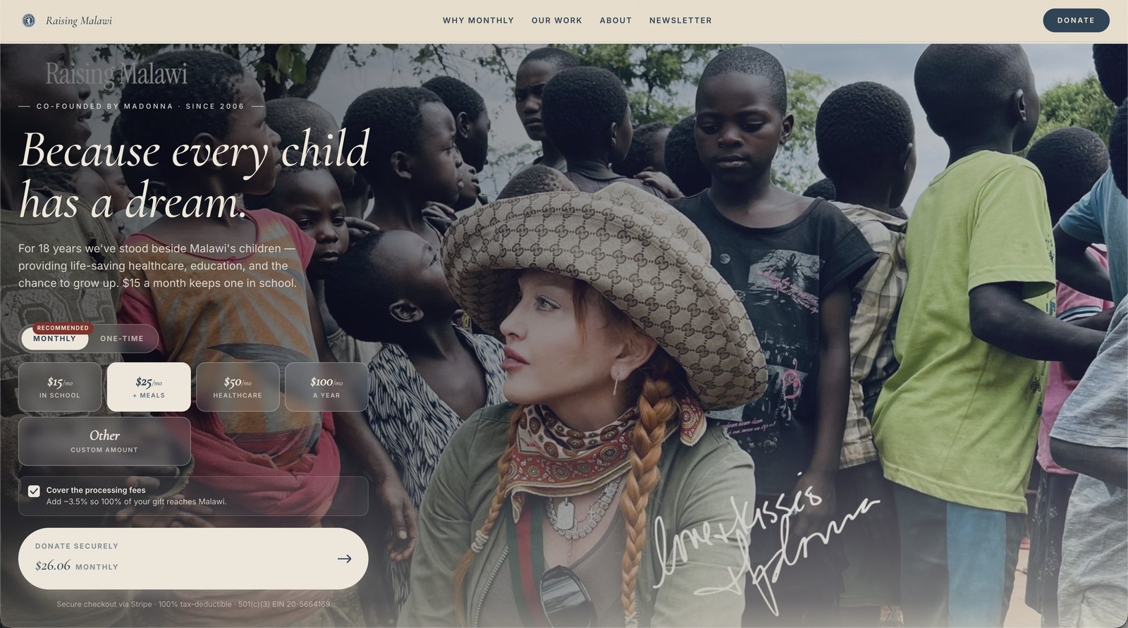 The Raising Malawi donation website we built and run — the nonprofit co-founded by Madonna